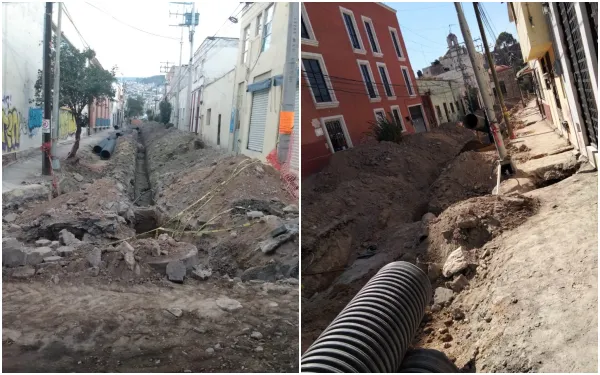 Maquinaria de construcción trabajando en la pavimentación de la calle Arizpe en Pachuca.