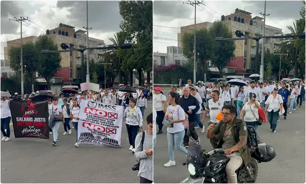 Integrantes del sindicato del IMSS marchan sobre la Avenida Madero en Pachuca, partiendo de Plaza Juárez hacia la Clínica 1, en demanda de mejoras salariales e insumos médicos.
