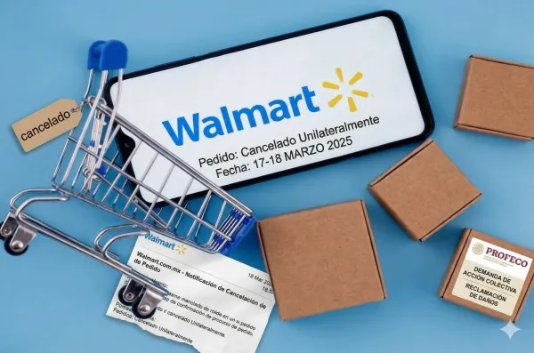 Ilustración de la demanda de acción colectiva de Profeco contra Walmart por cancelaciones de compras en línea.