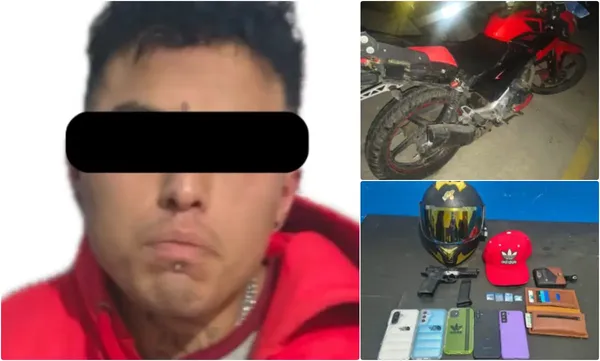 Elementos policiales aseguraron al imputado junto con dosis de presunta droga, celulares, una réplica de arma y una motocicleta alterada en Tepeapulco. Fotos: Cortesía SSPH