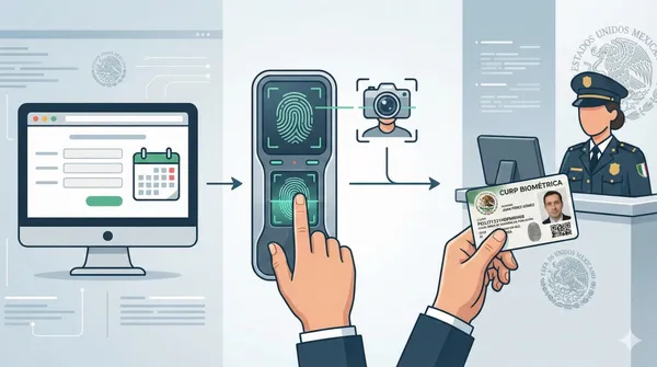 Ilustración del proceso para tramitar la CURP biométrica en México: registro de cita en línea, escaneo de huellas dactilares y fotografía del iris, y entrega de la identificación oficial.