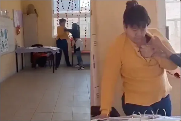 Momento exacto de la confrontación en el Jardín de Niños “Rosaura Zapata” en Tizayuca, Hidalgo, tras denuncias de padres de familia. Foto: Captura de pantalla