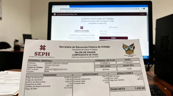 Trabajador consultando su talón de pago SEPH en computadora