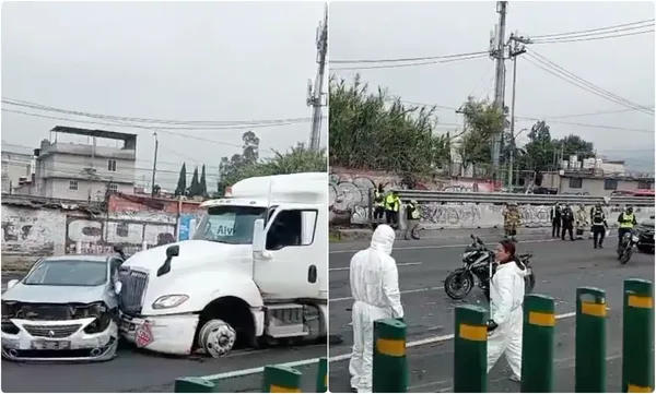 Servicios de emergencia laboran en el kilómetro 15 de la autopista México-Pachuca tras la carambola de ocho autos, dos motos y una pipa de combustible que dejó un saldo mortal.