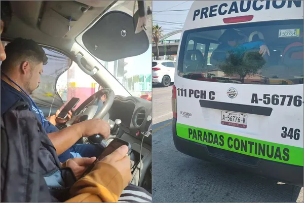 El conductor de la unidad alimentadora 346 fue captado operando el vehículo y texteando simultáneamente en las calles de Pachuca. Fotos: Cortesía