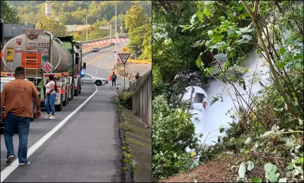 Elementos de Bomberos y Protección Civil laboran en el kilómetro 137 de la autopista México-Tuxpan para retirar la pipa accidentada.