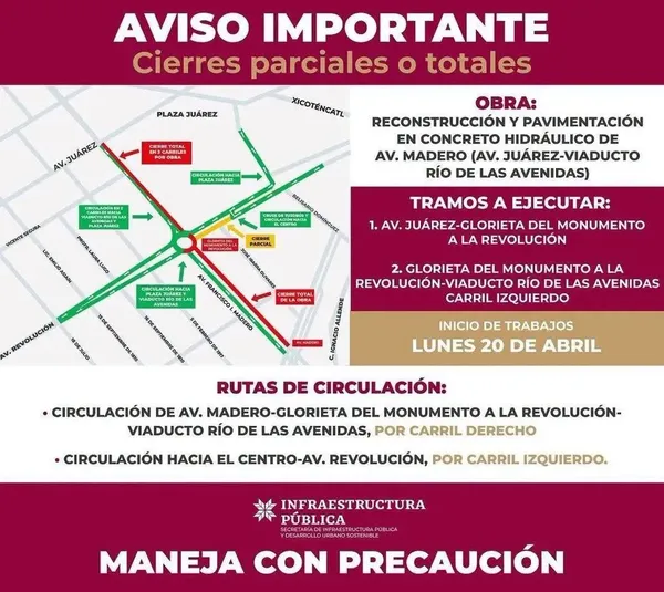 Vallas de seguridad y señalética de desviación en el cruce de Avenida Madero y Juárez.