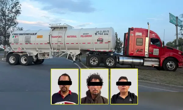 Tres hombres fueron detenidos por la SSPH tras una intensa persecución en Tizayuca; mantenían privado de la libertad al chofer de una pipa cargada con 31 mil 500 litros de hidrocarburo. Foto: SSPH