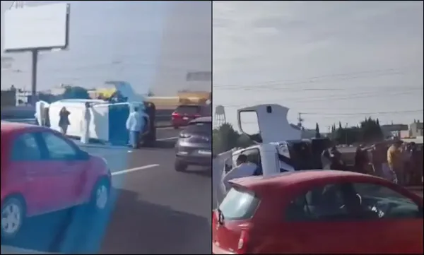 Automovilistas y servicios de emergencia auxilian a los pasajeros tras la volcadura de una Urvan de la línea Transportes Victoria en la autopista México-Pachuca, cerca de la caseta de Ojo de Agua.