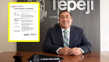 Documento del Registro Nacional de Detenciones junto a la imagen de Salvador Jiménez, exalcalde de Tepeji, detenido por su presunta participación en la Estafa Siniestra.