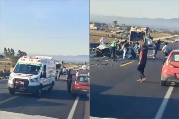 Elementos de seguridad laboran en el kilómetro 87 de la autopista México-Tuxpan tras el choque frontal provocado por un tráiler; el paso vehicular es limitado. Fotos: Cortesía