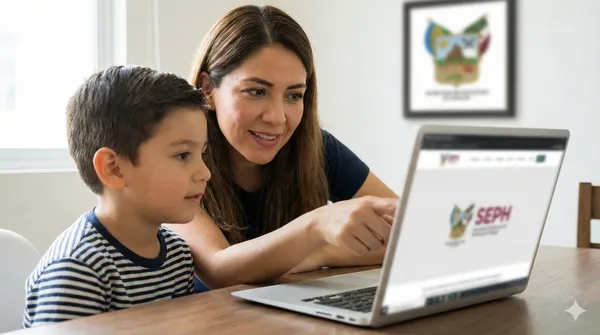Madre realizando preinscripción en línea SEPH Hidalgo 2026 en computadora.