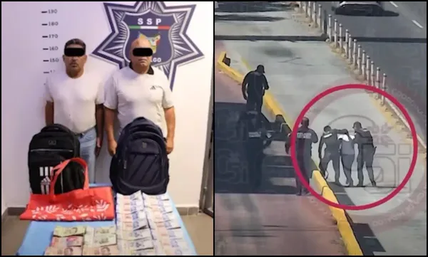 Los dos presuntos asaltantes fueron ingresados al Cereso de Pachuca tras ser vinculados al robo violento de un millón de pesos en el estacionamiento de la plaza comercial Gran Patio. Foto: SSPH