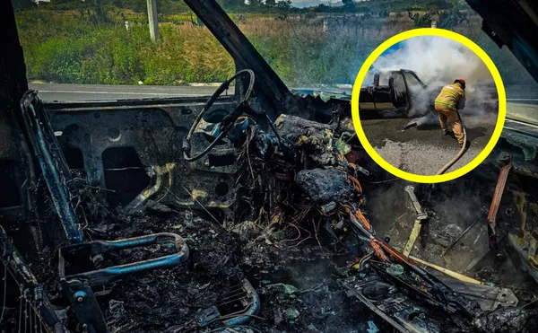 Camioneta se incendia en la carretera Pachuca–Huejutla, a la altura de La Laguna en Atotonilco el Grande; bomberos sofocan el fuego