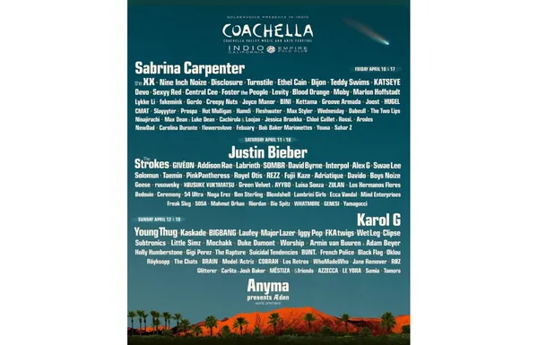 Cartel oficial Coachella 2025 con Karol G, Justin Bieber y Sabrina Carpenter